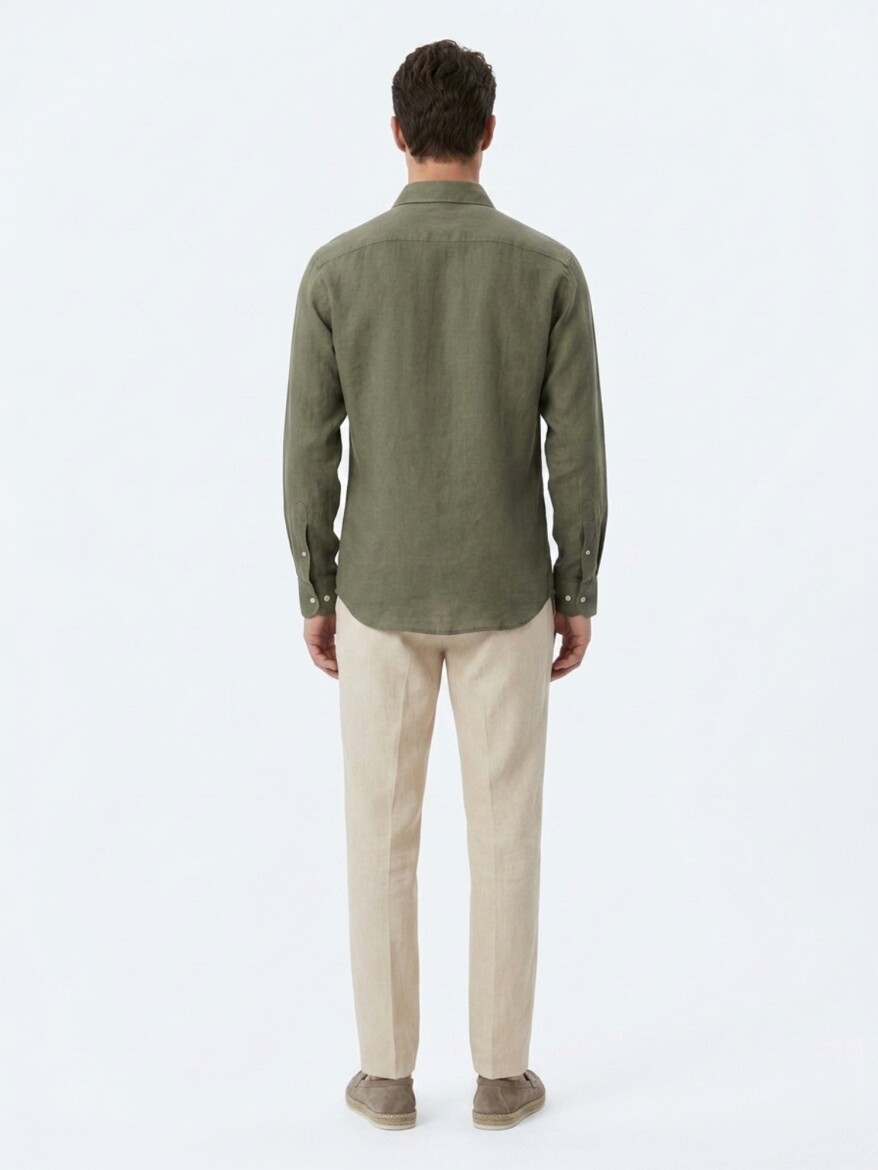 Haki Regular Fit Uzun Dokuma Casual Pamuk Karışımlı Gömlek - 5
