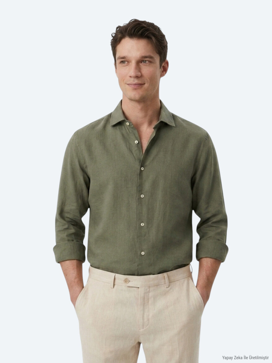 Haki Regular Fit Uzun Dokuma Casual Pamuk Karışımlı Gömlek - KİP