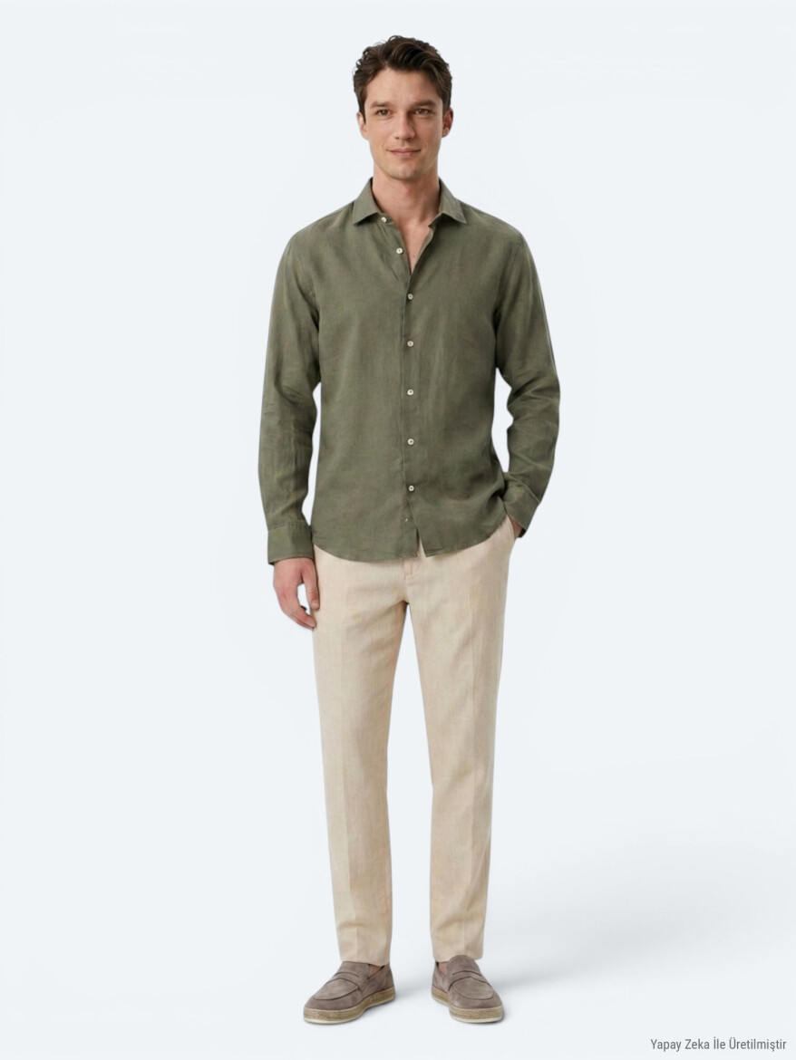 Haki Regular Fit Uzun Dokuma Casual Pamuk Karışımlı Gömlek - 3