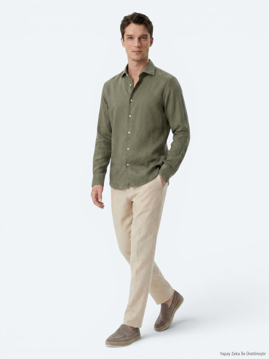 Haki Regular Fit Uzun Dokuma Casual Pamuk Karışımlı Gömlek - 4