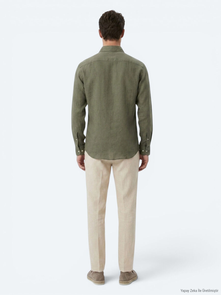 Haki Regular Fit Uzun Dokuma Casual Pamuk Karışımlı Gömlek - 5
