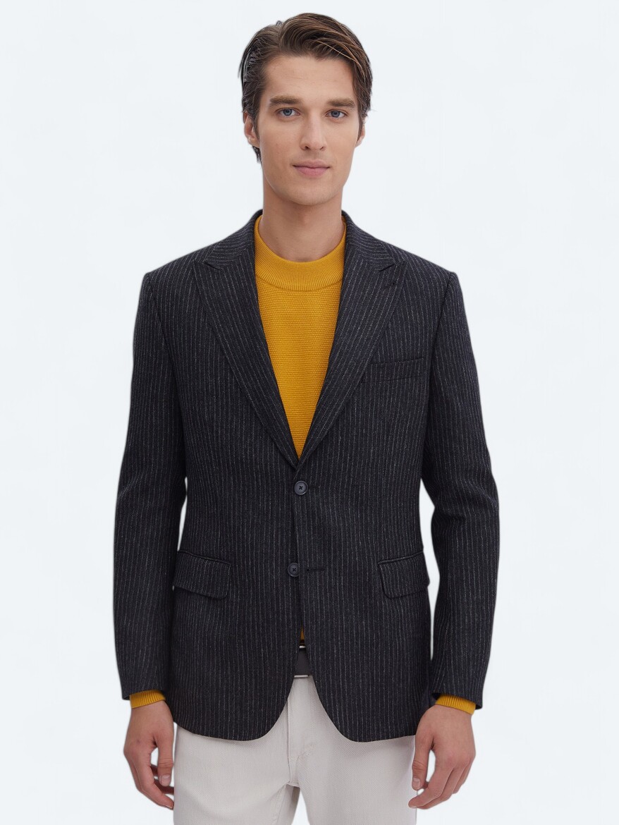 Hard Coal Patterned Modern Fit Wool Blended Jacket - 1