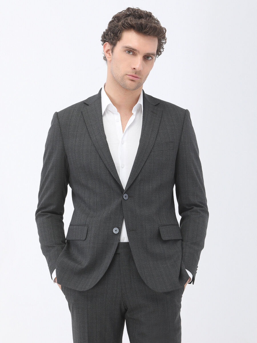 Hard Coal Patterned Modern Fit Wool Blended Suit - 1
