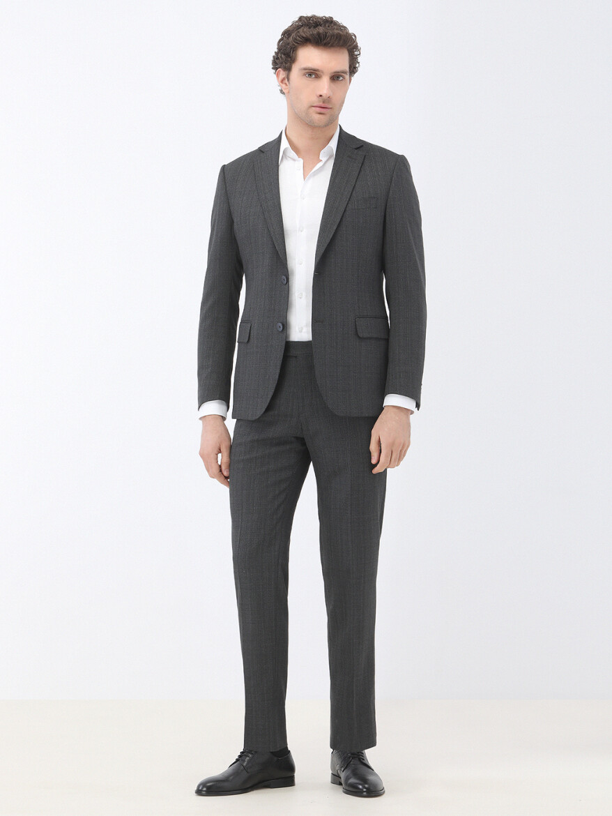 Hard Coal Patterned Modern Fit Wool Blended Suit - 2