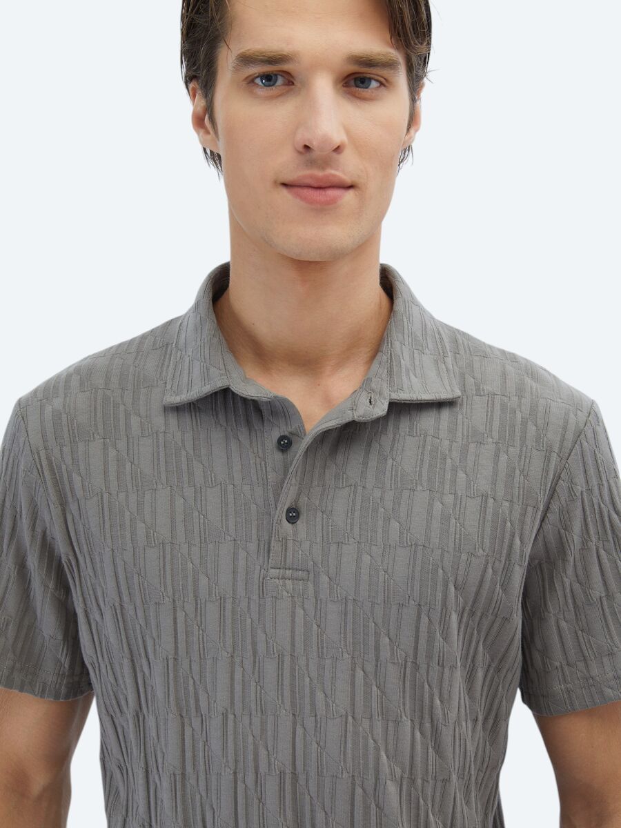 Hard Coal Patterned Polo Neck 100% Cotton T-Shirt - 4