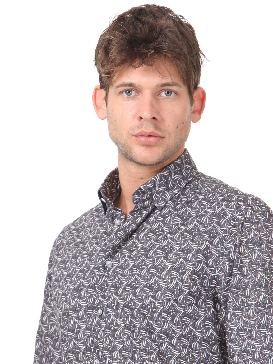 Hard Coal Patterned Regular Fit Long Weaving Casual 100% Cotton Shirt - 2