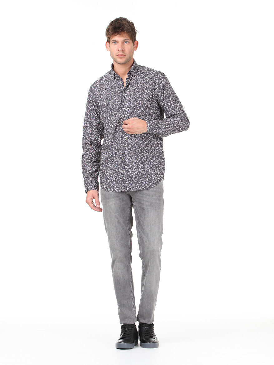 Hard Coal Patterned Regular Fit Long Weaving Casual 100% Cotton Shirt - 3