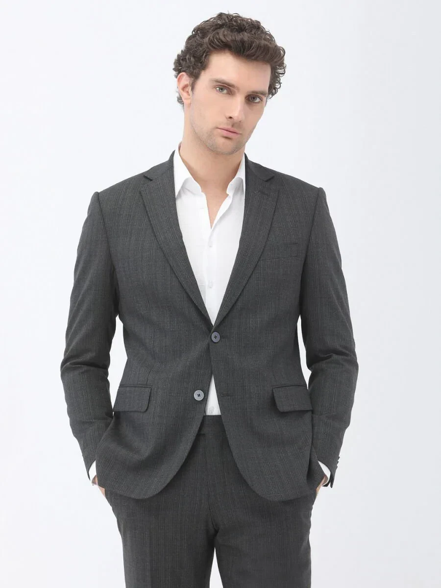 Hard Coal Patterned Regular Fit Wool Blended Suit - 1
