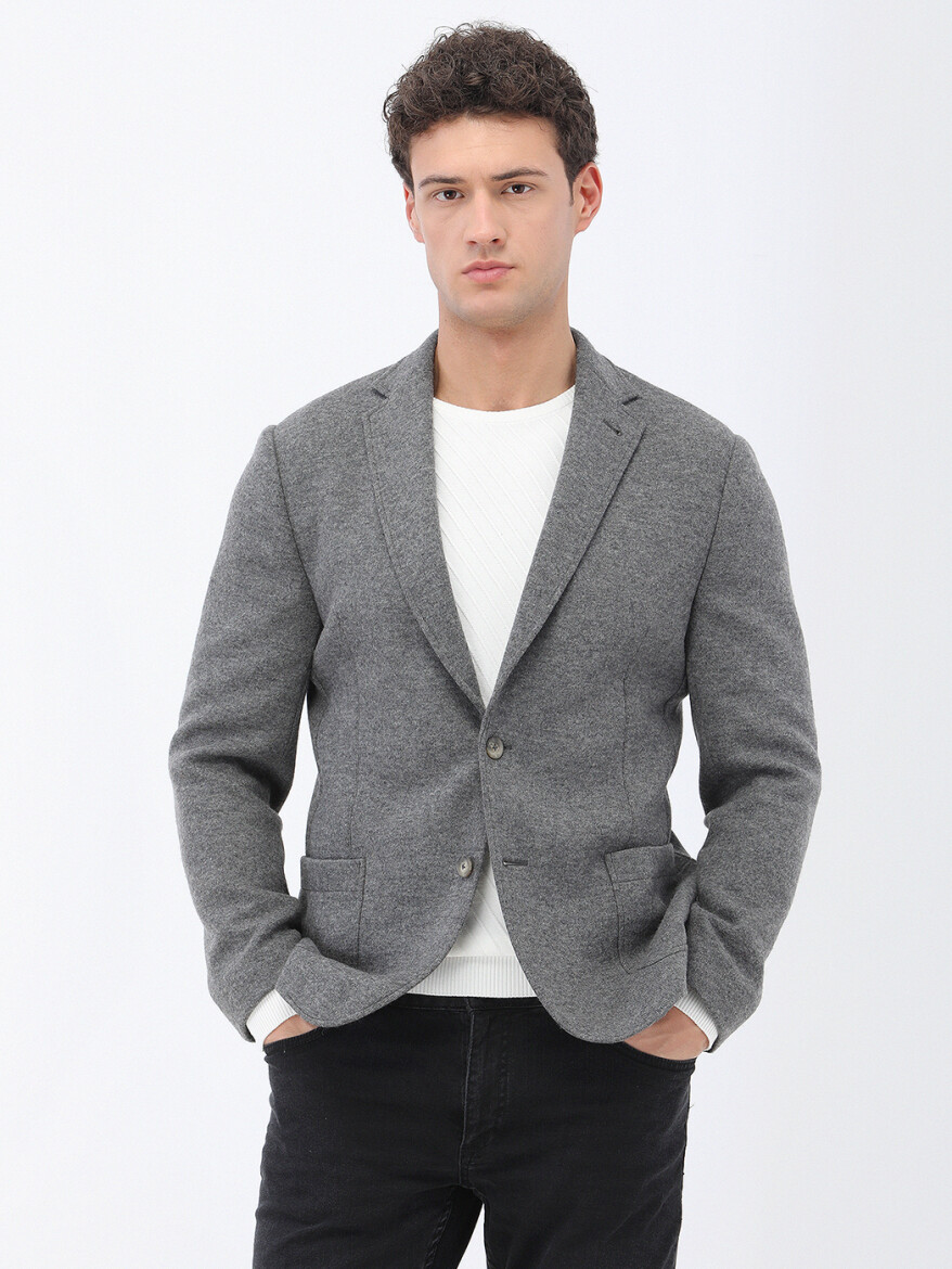 Hard Coal Plain Modern Fit Wool Blended Jacket - 1