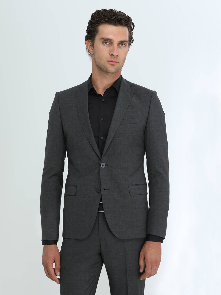 Hard Coal Plain Modern Fit Wool Blended Suit - 1