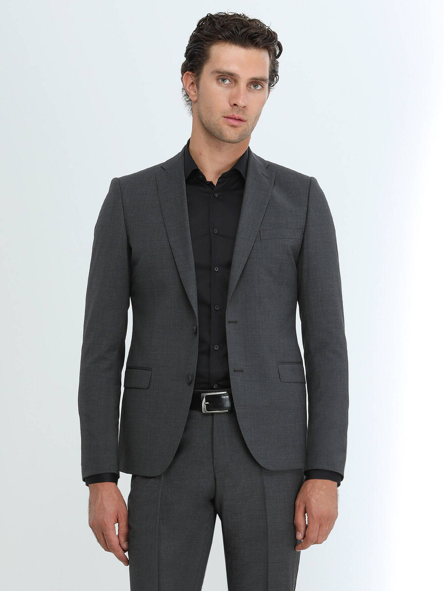 Hard Coal Plain Modern Fit Wool Blended Suit - 4