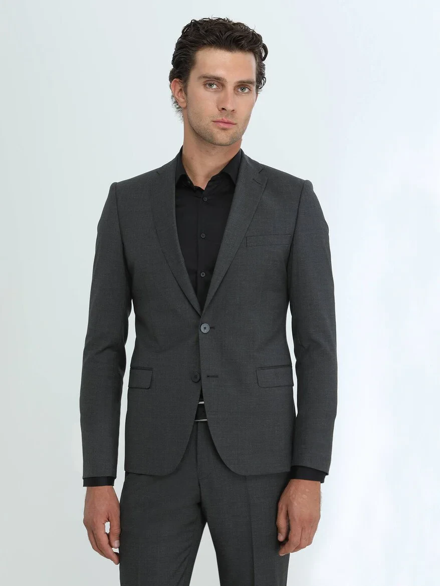 Hard Coal Plain Modern Fit Wool Blended Suit - 1