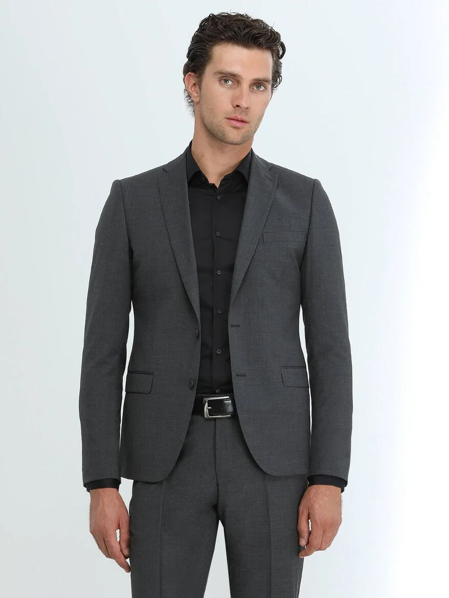 Hard Coal Plain Modern Fit Wool Blended Suit - 4