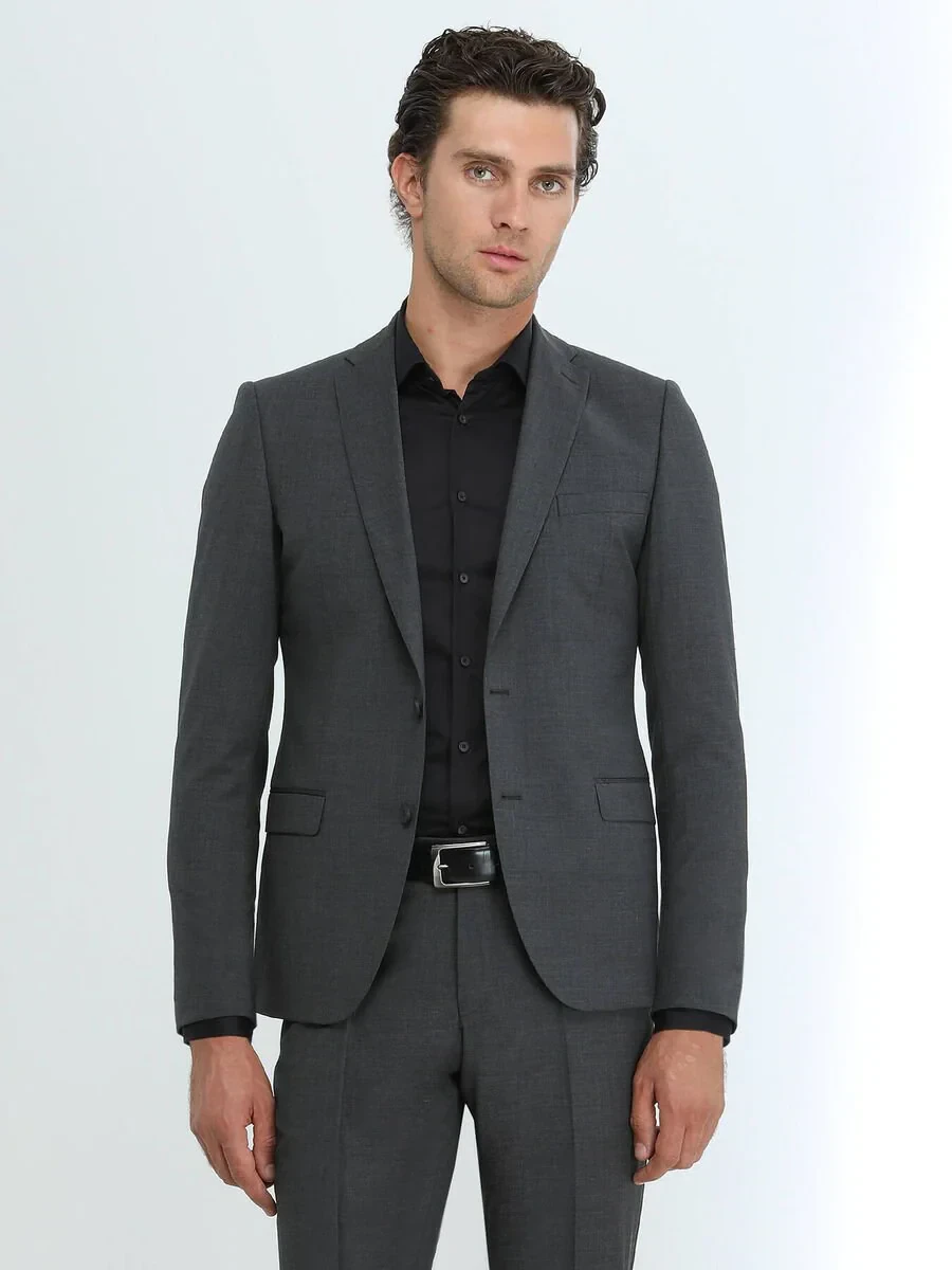 Hard Coal Plain Modern Fit Wool Blended Suit - 4