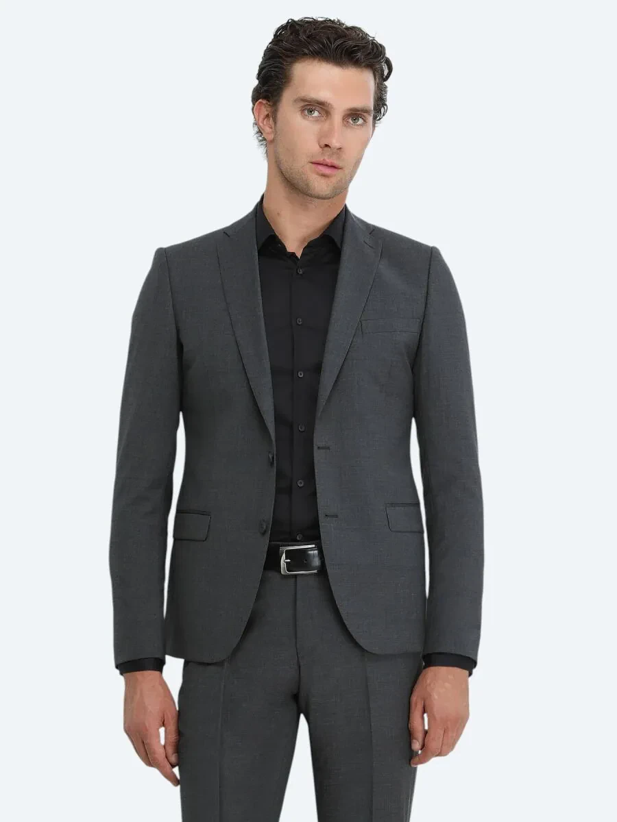 Hard Coal Plain Modern Fit Wool Blended Suit - 1