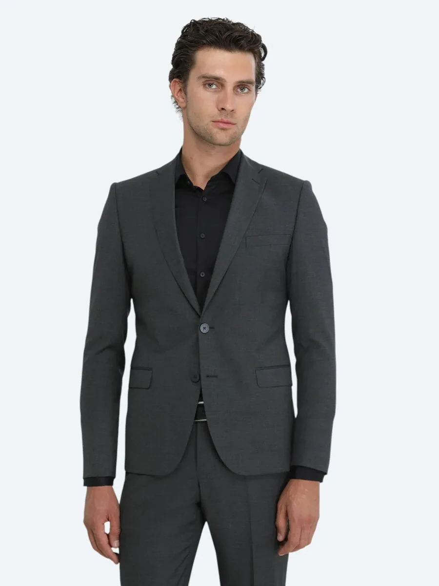 Hard Coal Plain Modern Fit Wool Blended Suit - 4