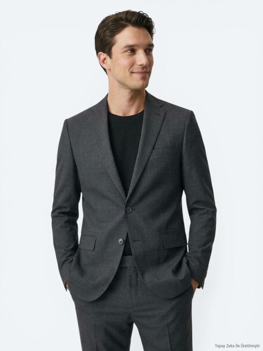 Hard Coal Plain Modern Fit Wool Blended Suit - 1