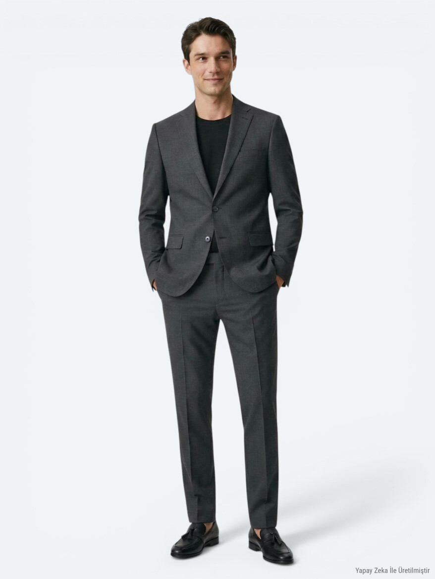 Hard Coal Plain Modern Fit Wool Blended Suit - 2