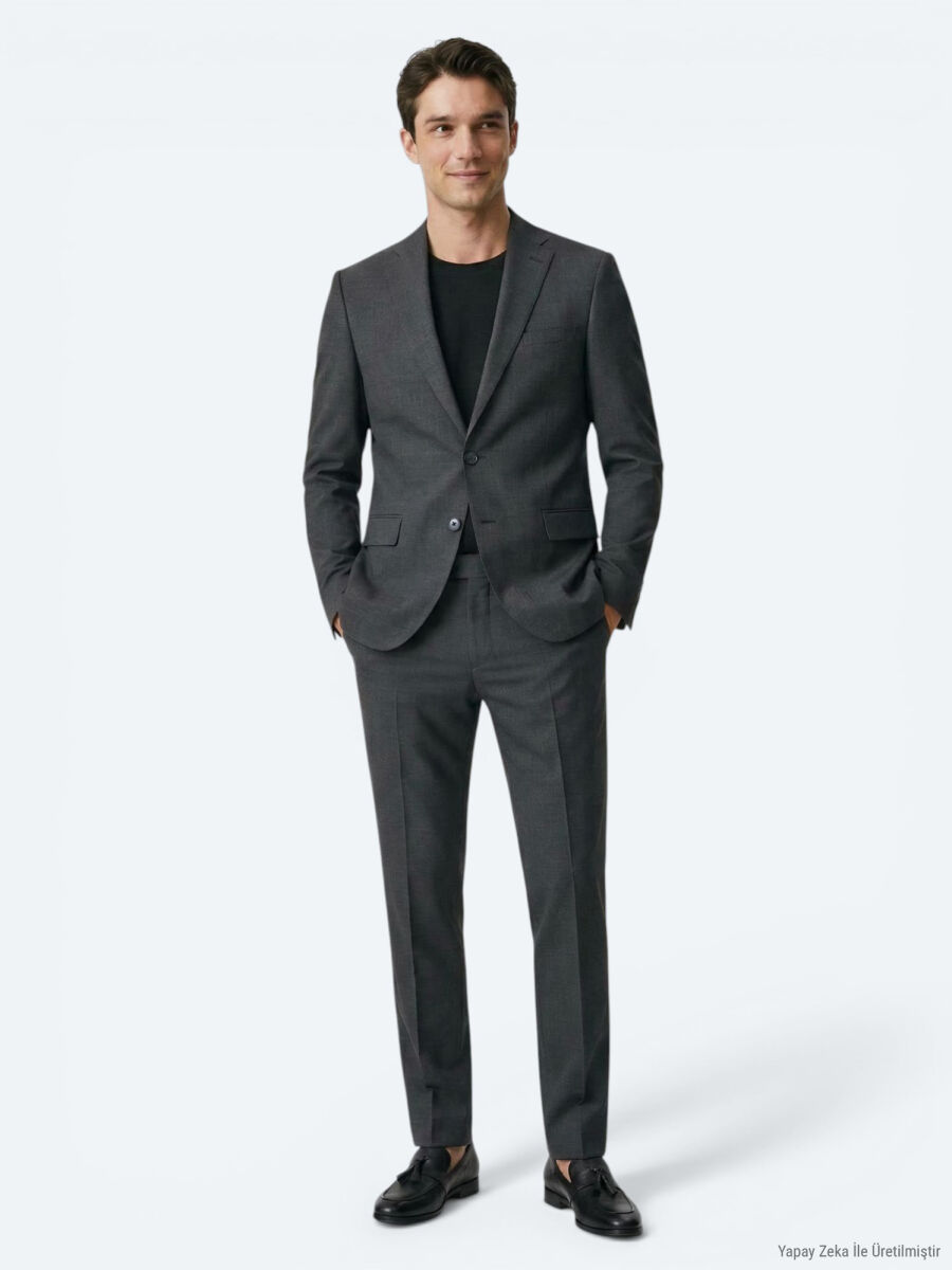 Hard Coal Plain Modern Fit Wool Blended Suit - 2