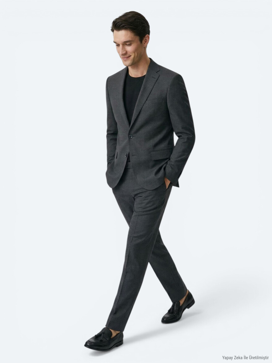 Hard Coal Plain Modern Fit Wool Blended Suit - 3
