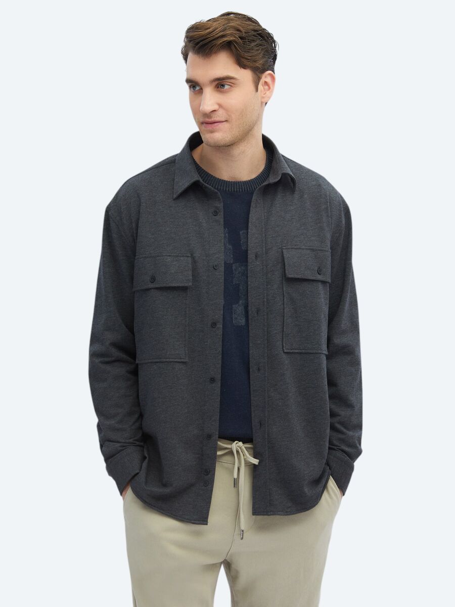 Hard Coal Plain Oversize Fit Knitting Casual Cotton Blended Shirt - 1