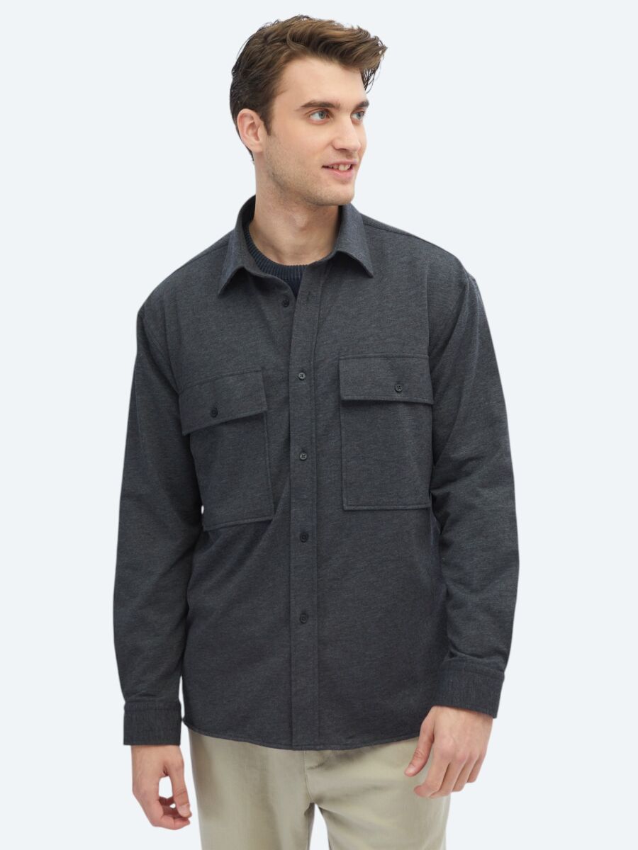 Hard Coal Plain Oversize Fit Knitting Casual Cotton Blended Shirt - 3