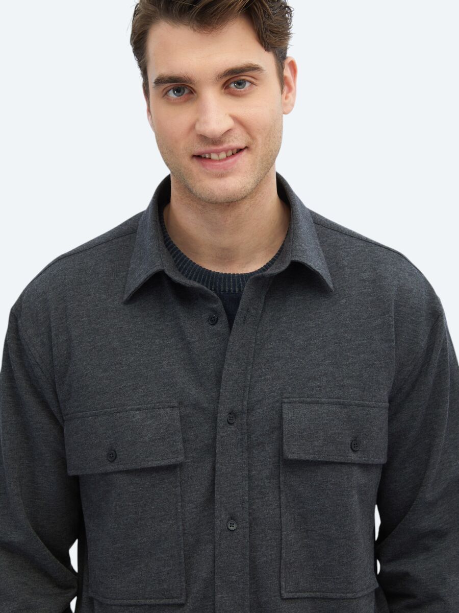 Hard Coal Plain Oversize Fit Knitting Casual Cotton Blended Shirt - 4