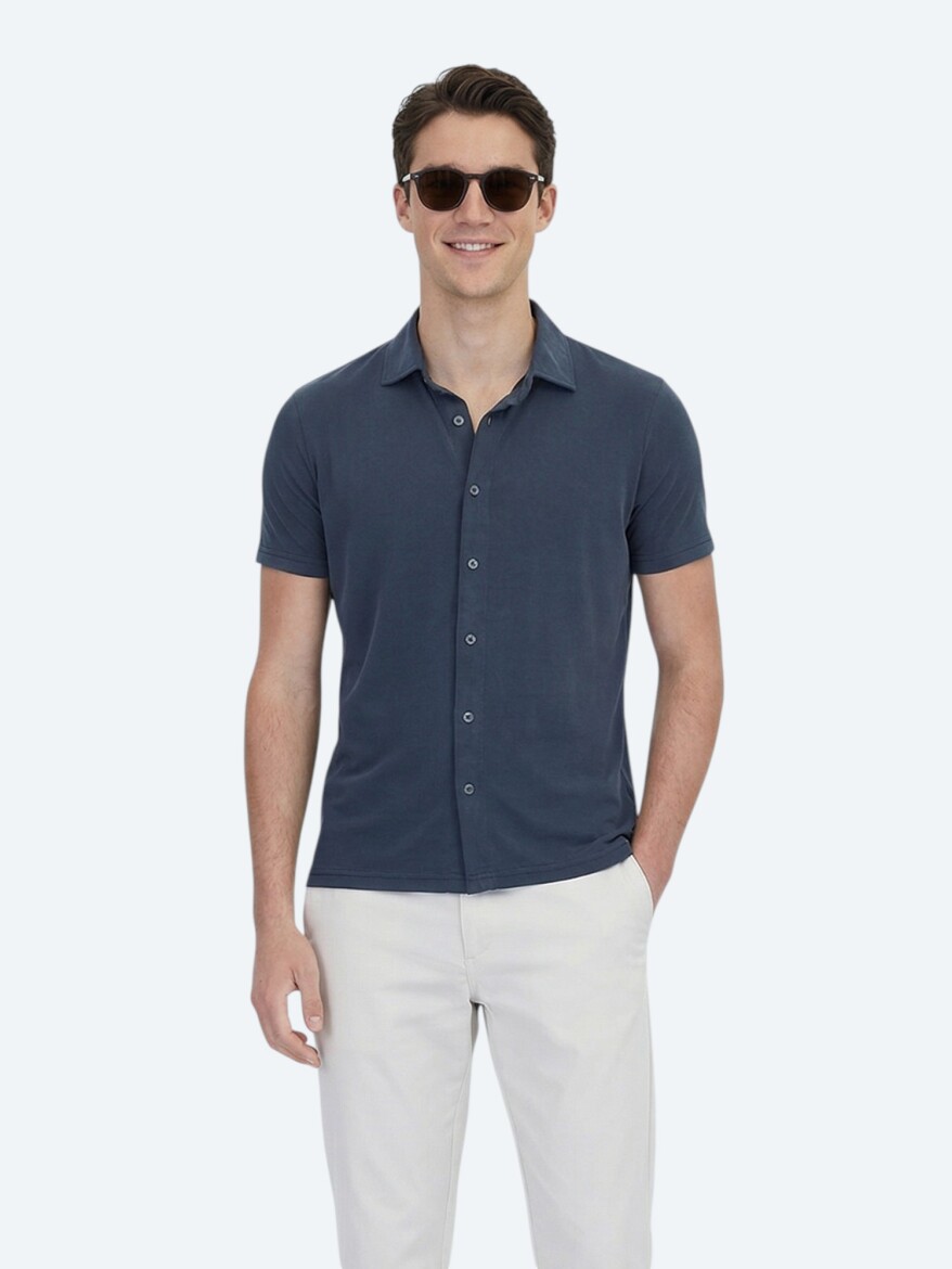 Hard Coal Plain Regular Fit Knitting Casual Shirt 