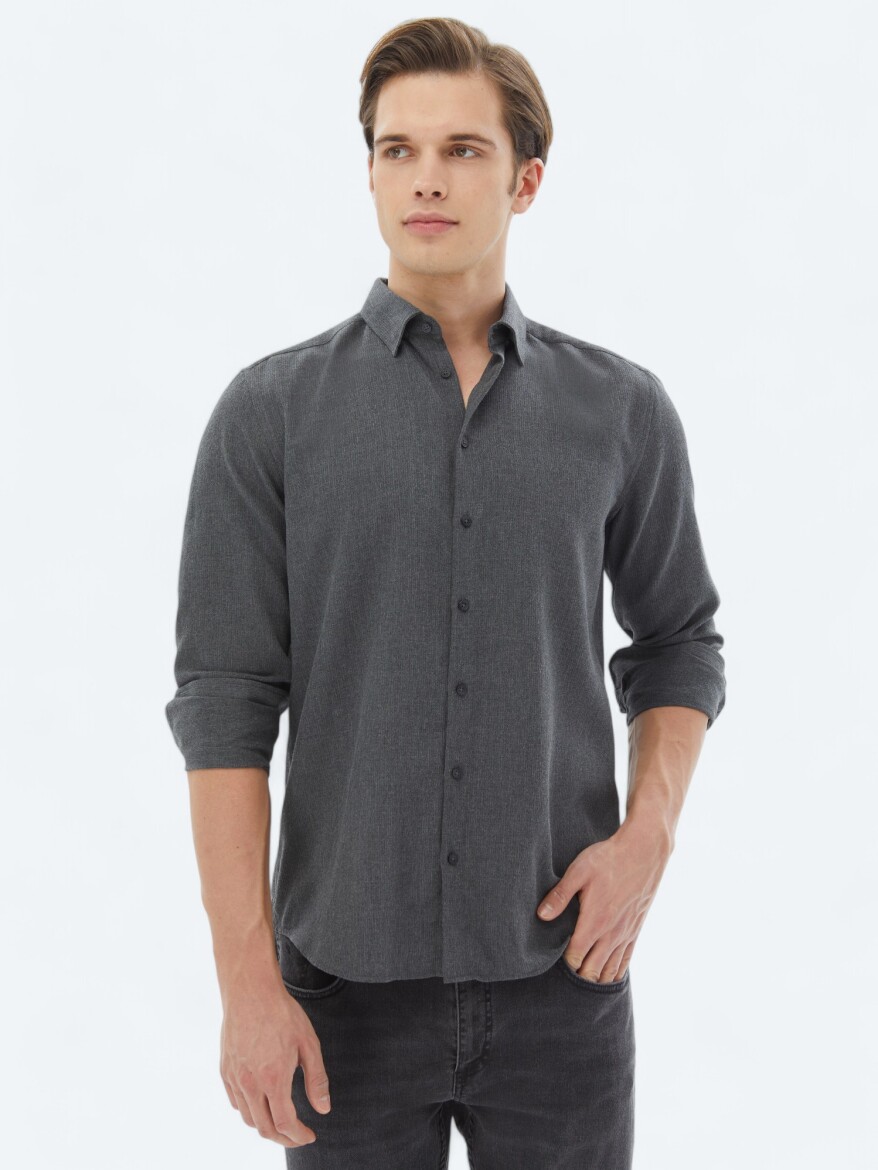 Hard Coal Plain Regular Fit Long Weaving Casual Cotton Blended Shirt - 1