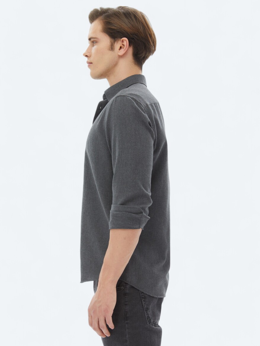 Hard Coal Plain Regular Fit Long Weaving Casual Cotton Blended Shirt - 3