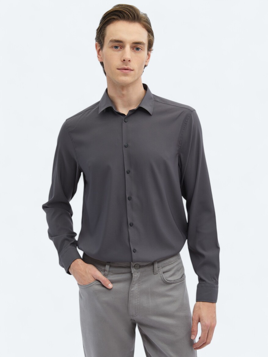 Hard Coal Plain Regular Fit Long Weaving Casual Shirt 