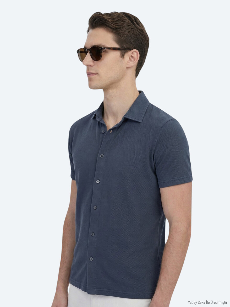 Hard Coal Plain Regular Fit Short Knitting Casual Shirt - 3