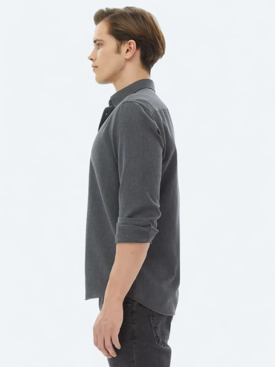 Hard Coal Plain Regular Fit Weaving Casual Cotton Blended Shirt - 3