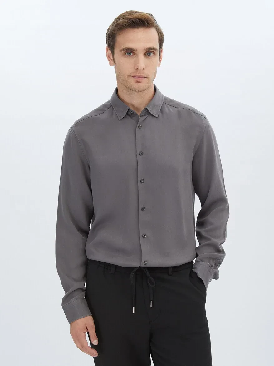 Hard Coal Plain Regular Fit Weaving Casual Shirt - 1