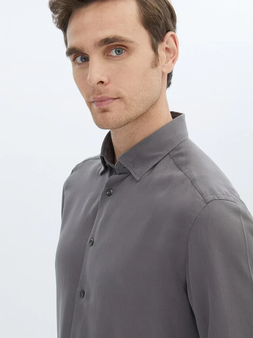 Hard Coal Plain Regular Fit Weaving Casual Shirt - 4