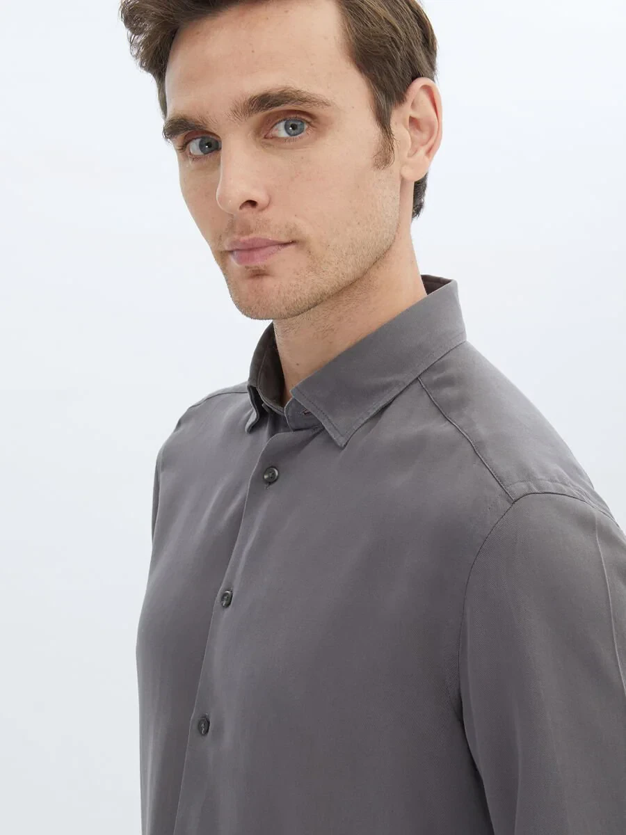 Hard Coal Plain Regular Fit Weaving Casual Shirt - 4