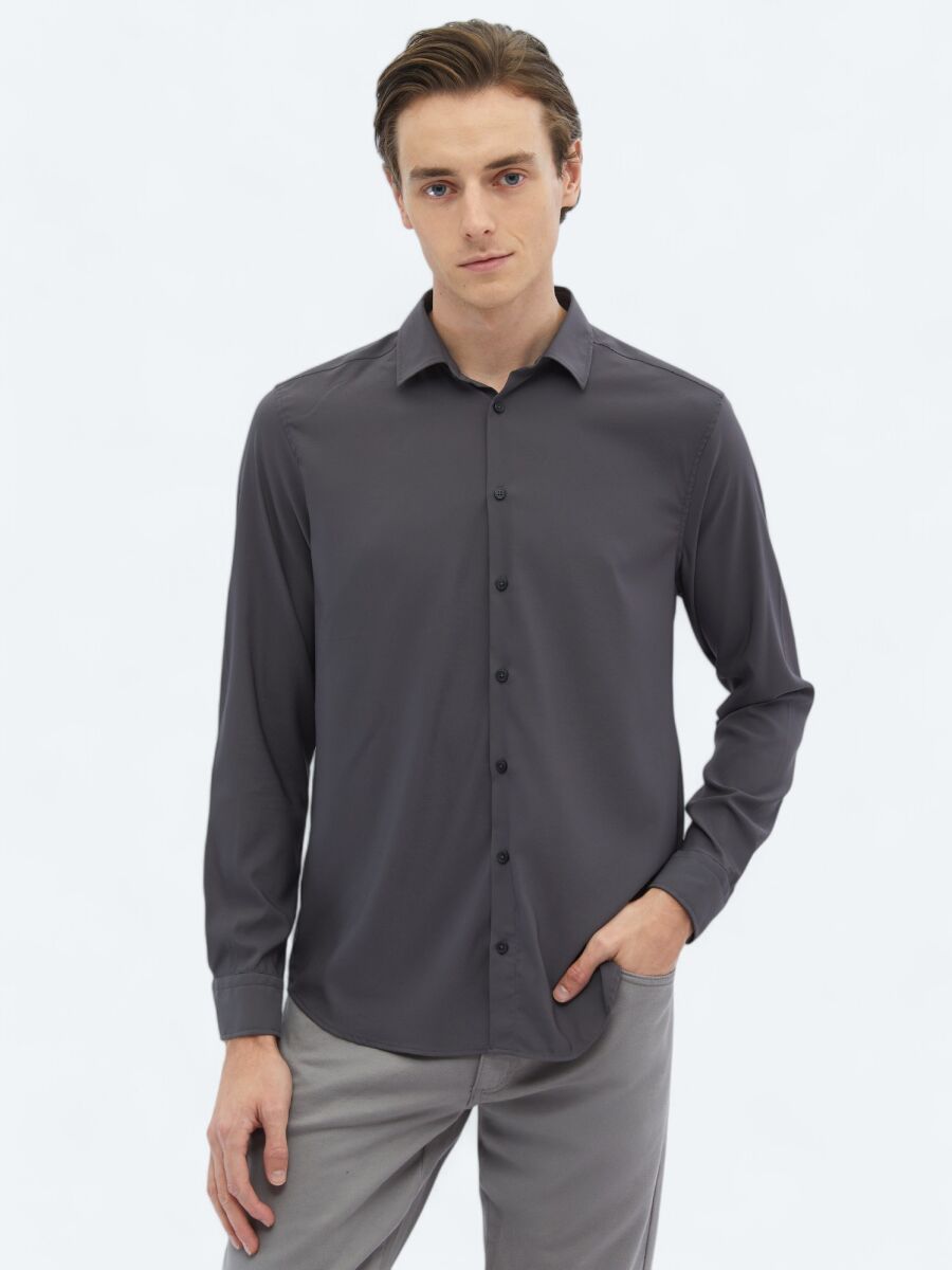 Hard Coal Plain Regular Fit Weaving Casual Shirt - 3