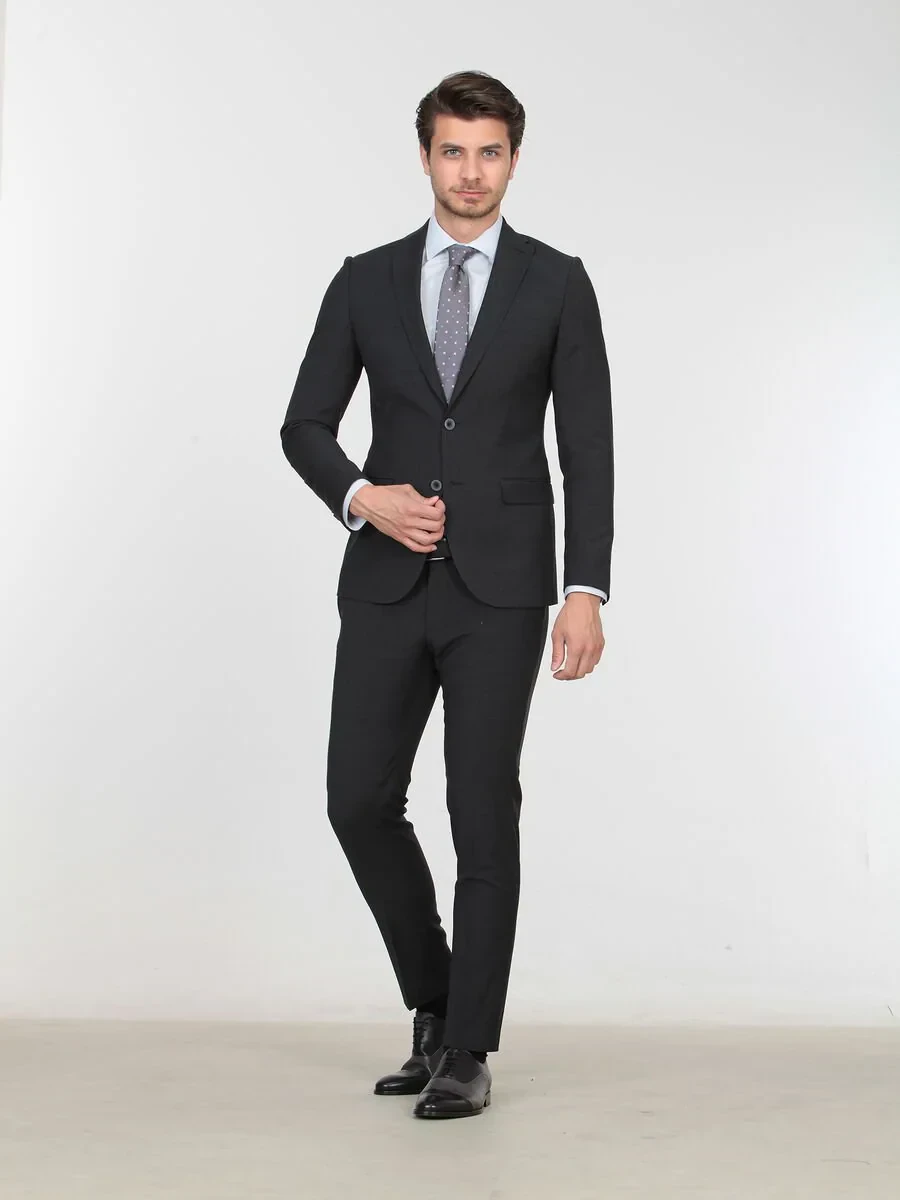 Hard Coal Plain Slim Fit Wool Blended Suit - 3