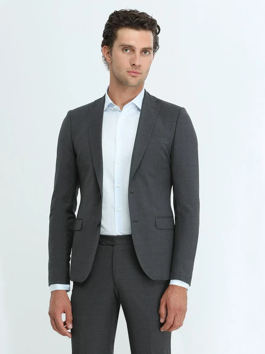 Hard Coal Plain Slim Fit Wool Blended Suit - 1
