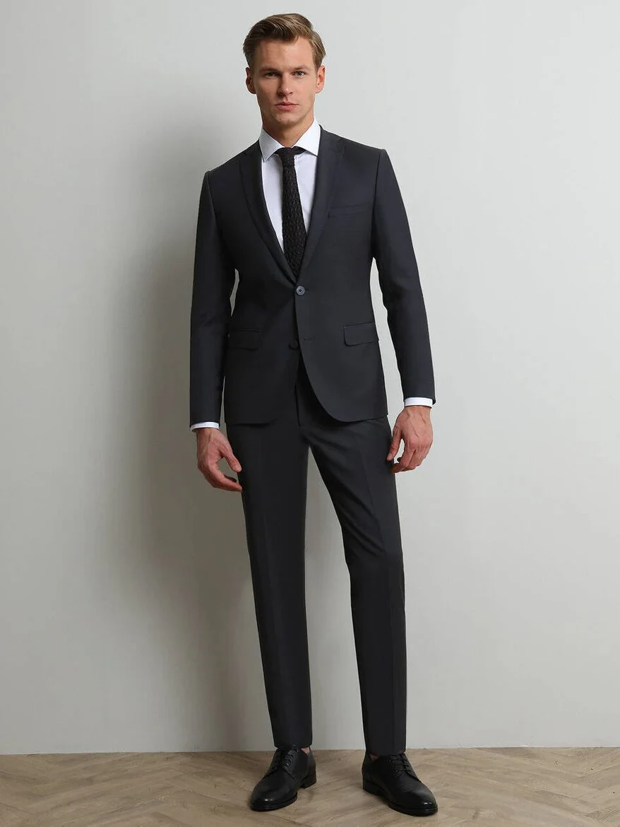 Hard Coal Plain Slim Fit Wool Blended Suit - 3