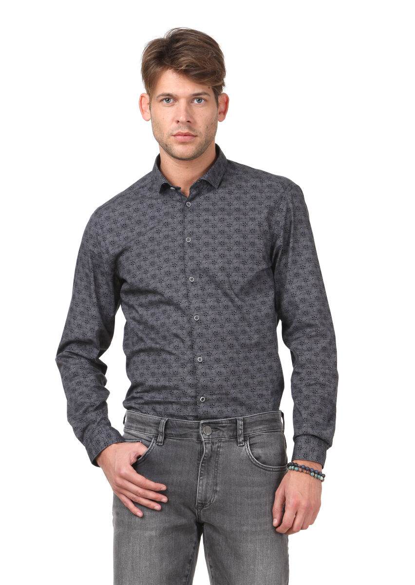 Hard Coal Printed Slim Fit Long Weaving Casual 100% Cotton Shirt - 1