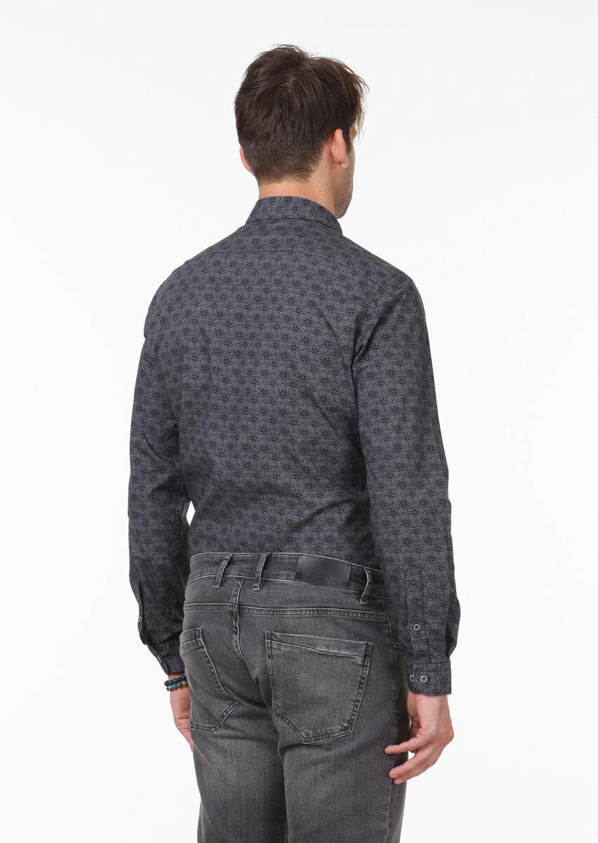 Hard Coal Printed Slim Fit Long Weaving Casual 100% Cotton Shirt - 3
