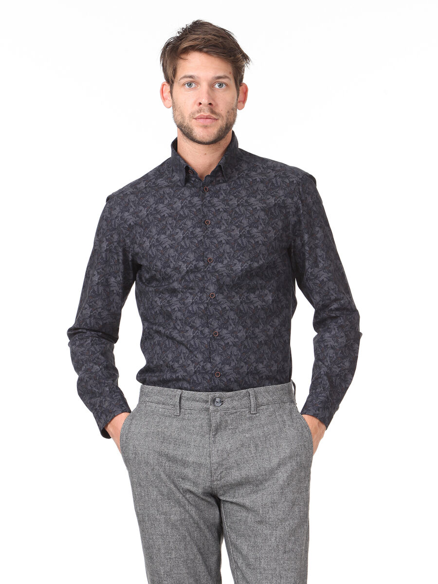 Hard Coal Printed Slim Fit Long Weaving Casual 100% Cotton Shirt - 1