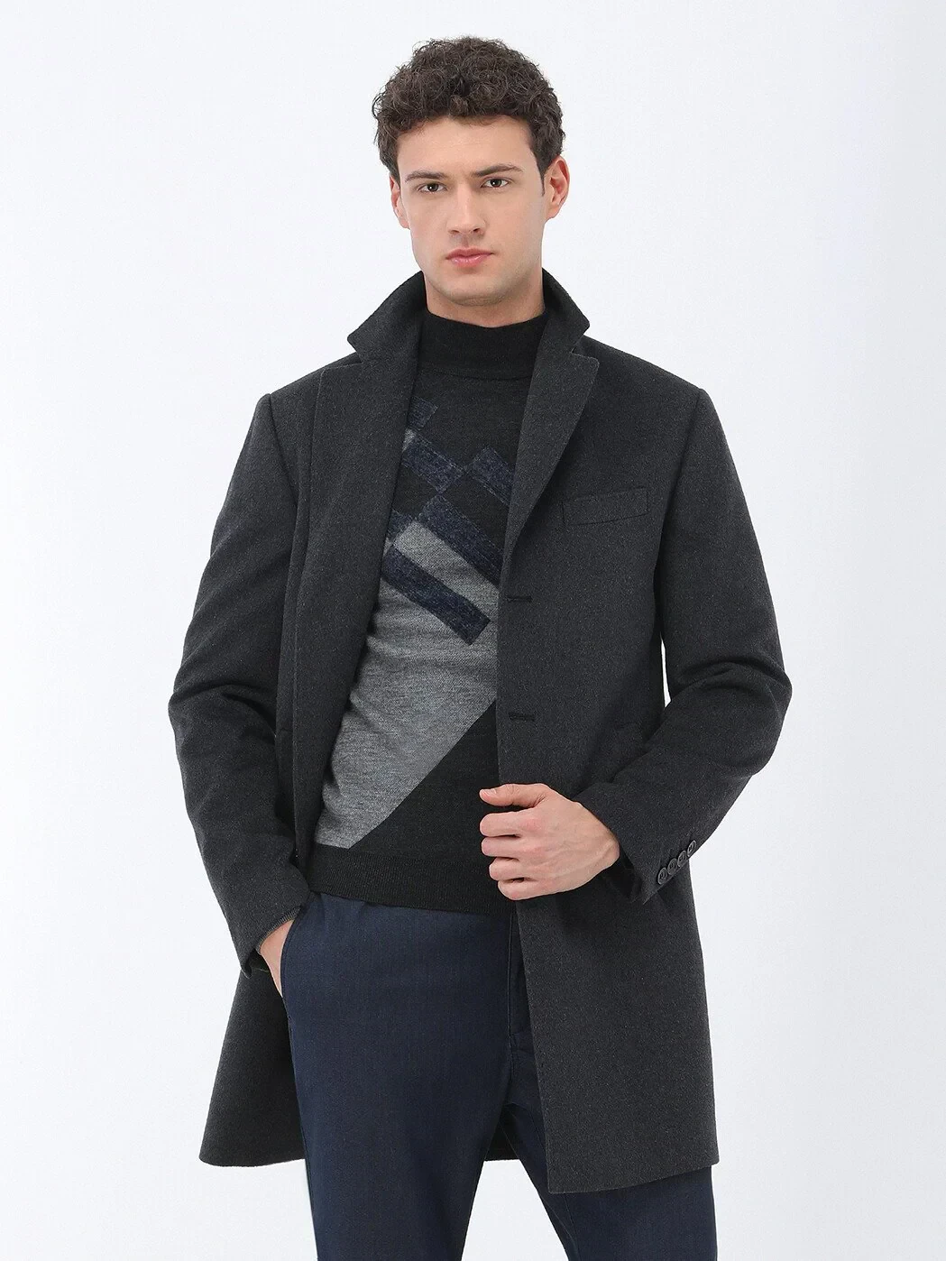 Hard Coal Regular Fit Butterfly Collar Classical Weaving Overcoat - 3