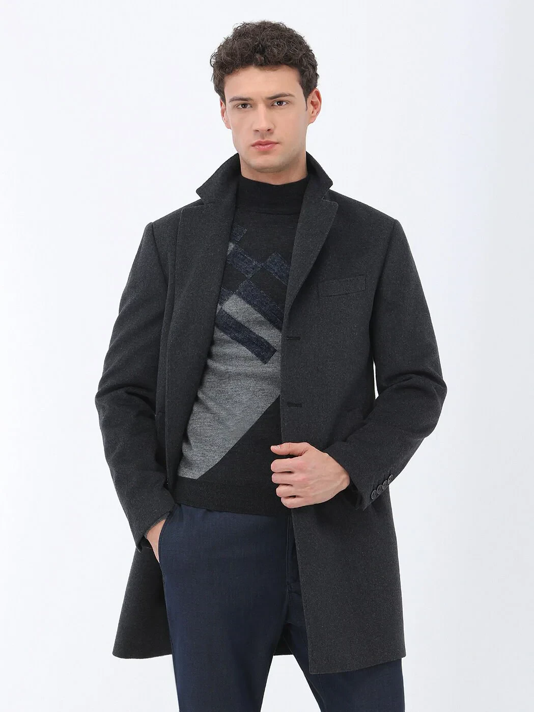 Hard Coal Regular Fit Butterfly Collar Classical Weaving Overcoat - 3