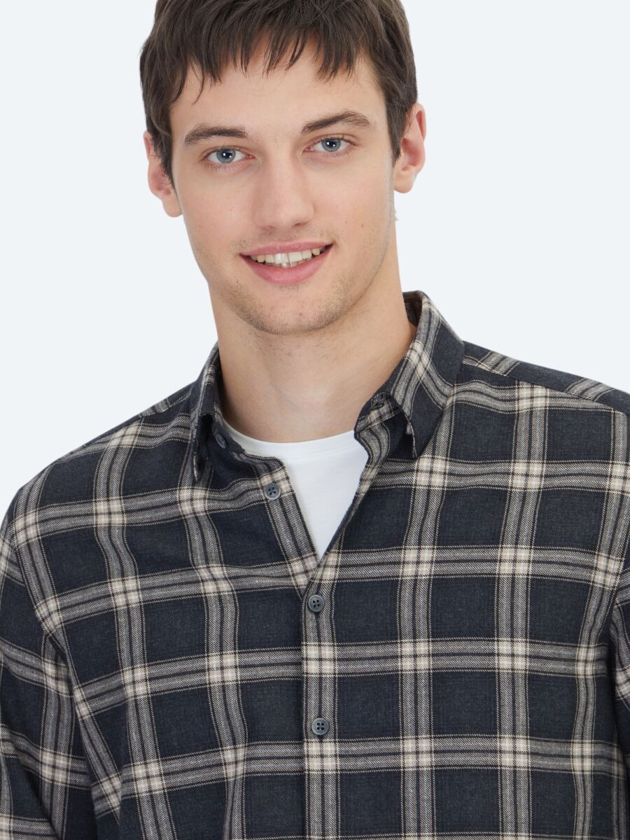 Hard Coal Regular Fit Long Weaving Casual Cotton Blended Shirt - 4