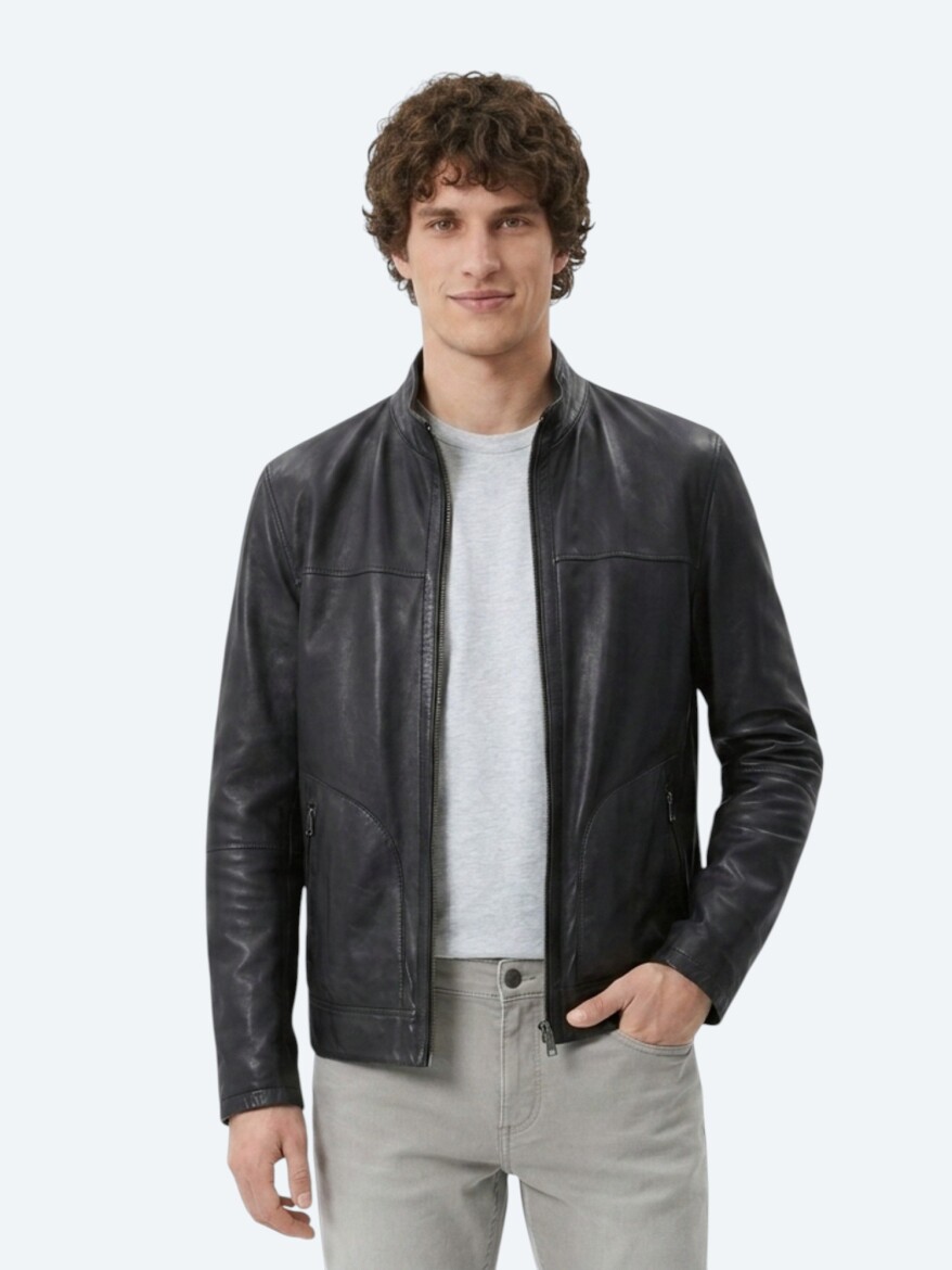 Hard Coal Regular Fit Turtleneck Smart Casual Double-Sided Leather Coat - 3