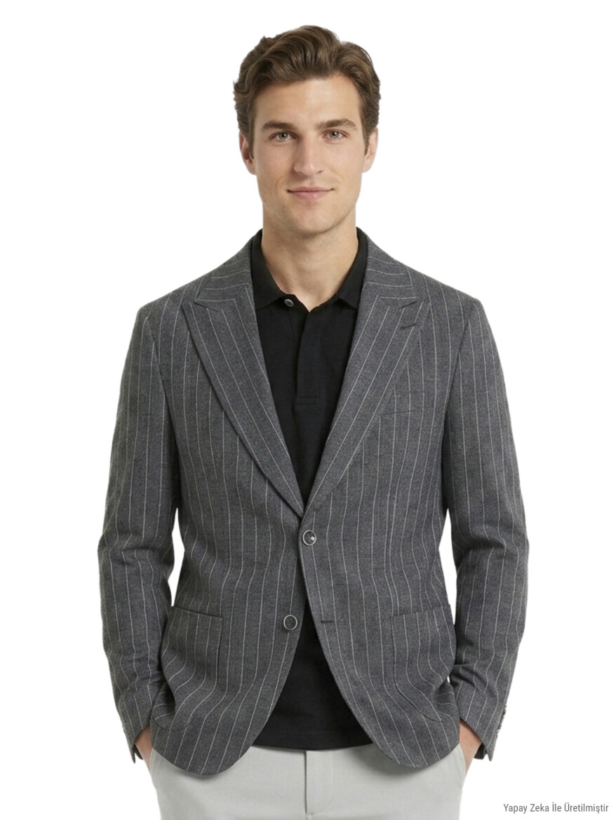 Hard Coal Striped Modern Fit Linen Blended Jacket - KİP