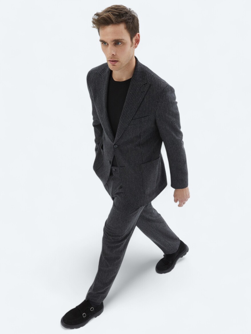 Hard Coal Striped Modern Fit Wool Blended Suit - KİP
