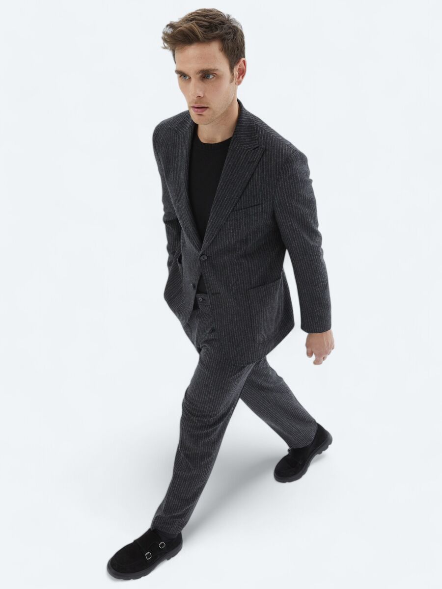 Hard Coal Striped Modern Fit Wool Blended Suit - 1